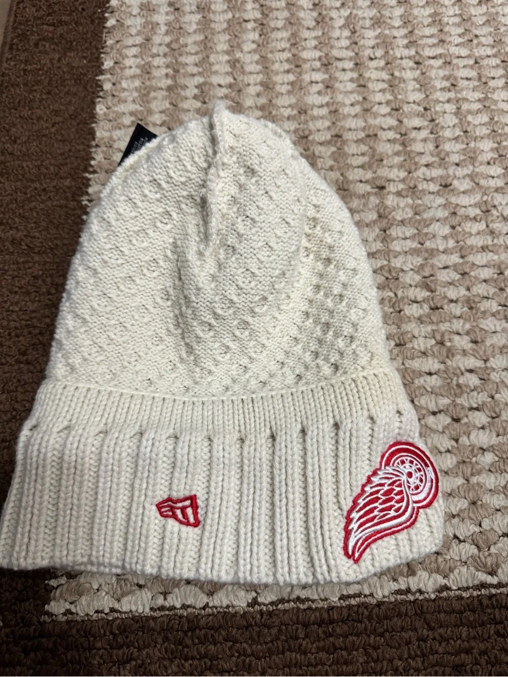 Cream Cable-Knit Pom Beanie with Red Wing Patch